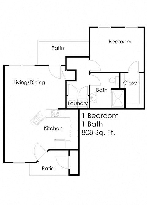 Floor plan for 1 bed, 1 bath, 700 sqft